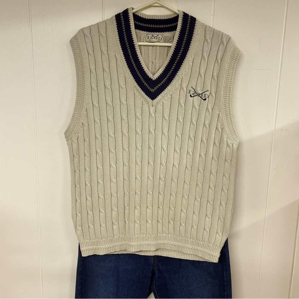 #036 Vintage IZOD Golf Varsity Sweater Vest Mens Large Pullover V Neck Size L
